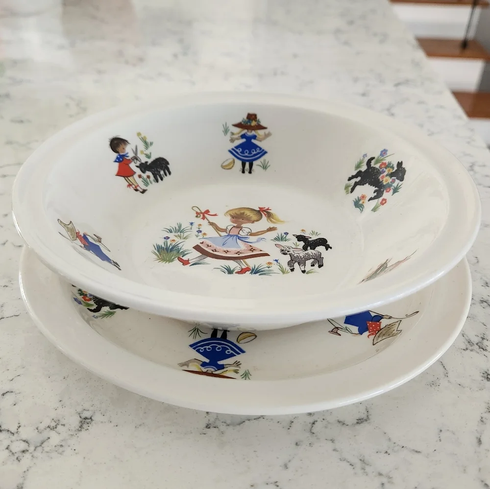Vintage Arklow Ireland Child's Nursery Rhymes Plate & Bowl Set Little Bo Peep